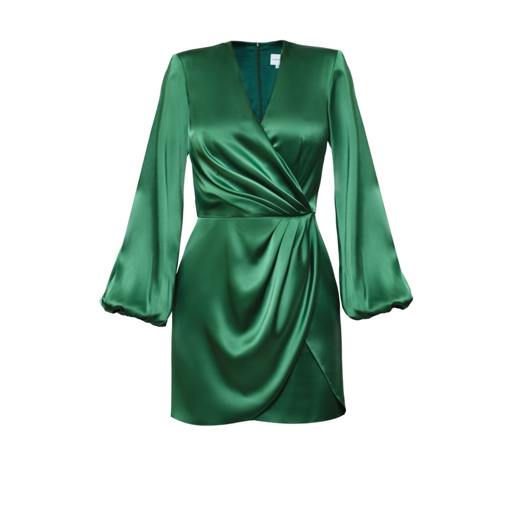 Nomi Fame Paris Green Satin Long Sleeve Draped Mini Dress